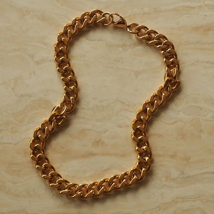 Fashion Women 12mm Gold Chain Link Necklace Chunky 18k Gold Plated Stainless Steel Miami Thick Cuban Link Chain, Gold color