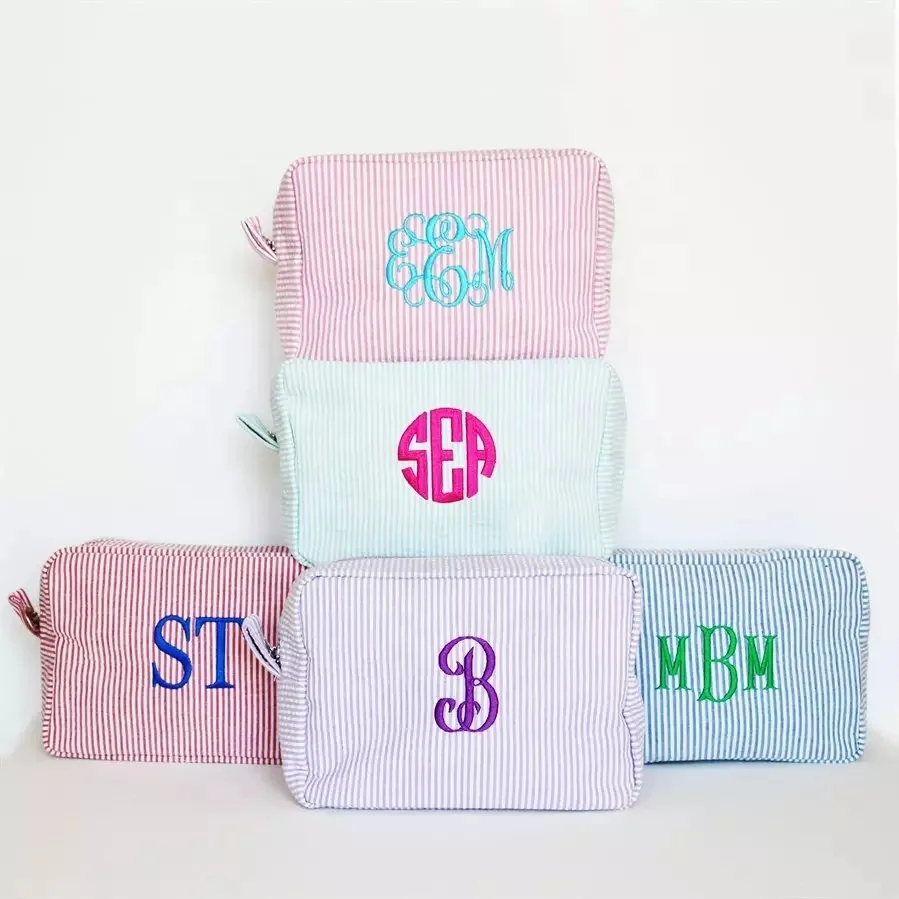 

Wholesale Blanks Monogram Seersucker Cosmetic Case bags Seersucker travel Makeup Bags