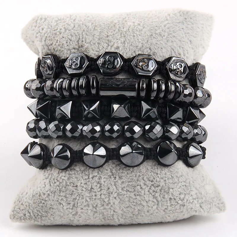 

Punk Jewelry Men Bracelet Black Skull Pyramid Hematite Adjustable Bracelets