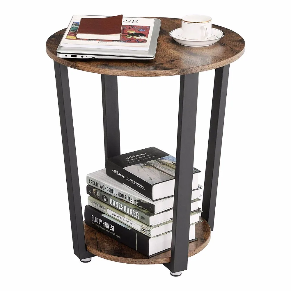 Industrial Metal & Wood Round Sofa Accent End Table With Storage Rack