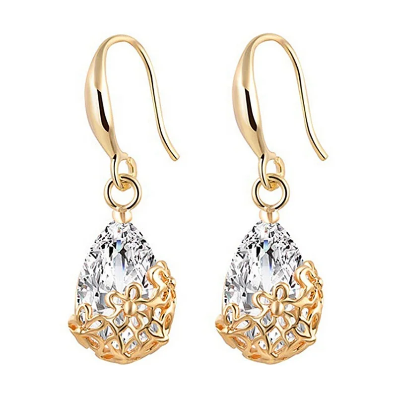 

Elegant Water Drop Zircon Gold Silver Flower Dangle Earrings for Women Jewelry Wedding Statement Brincos Engagement Earings Gift