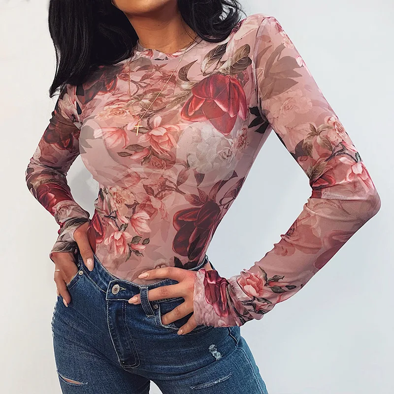 

Wholesale Floral Thumb Hole Sheer Long Sleeve Teddy Body Suit, Customized color