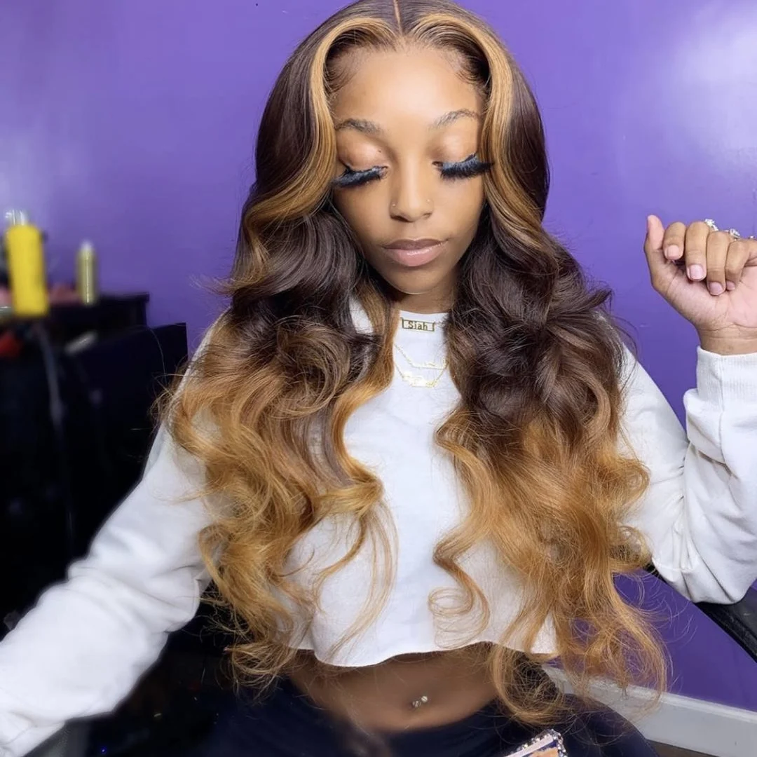 

Highlight piano Color 4/27 Ombre Curly Human Hair Wig 13X4 Virgin Transparent HD Lace Front Wigs For Black Women, 4/27 ombre color