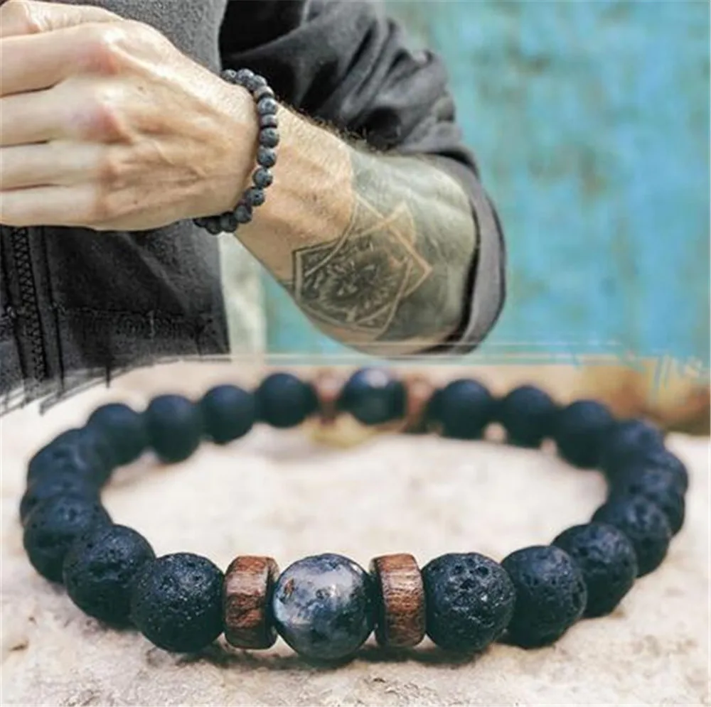 

Volcanic Stone Bracelet For Men Fashion Natural Lava Stone Wooden 8mm Beads Tibetan Buddha Bracelet Jewelry Gift