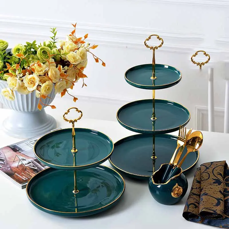 

Malachite green two three - layer ceramic fruit sitting room plate western restaurant cake tray