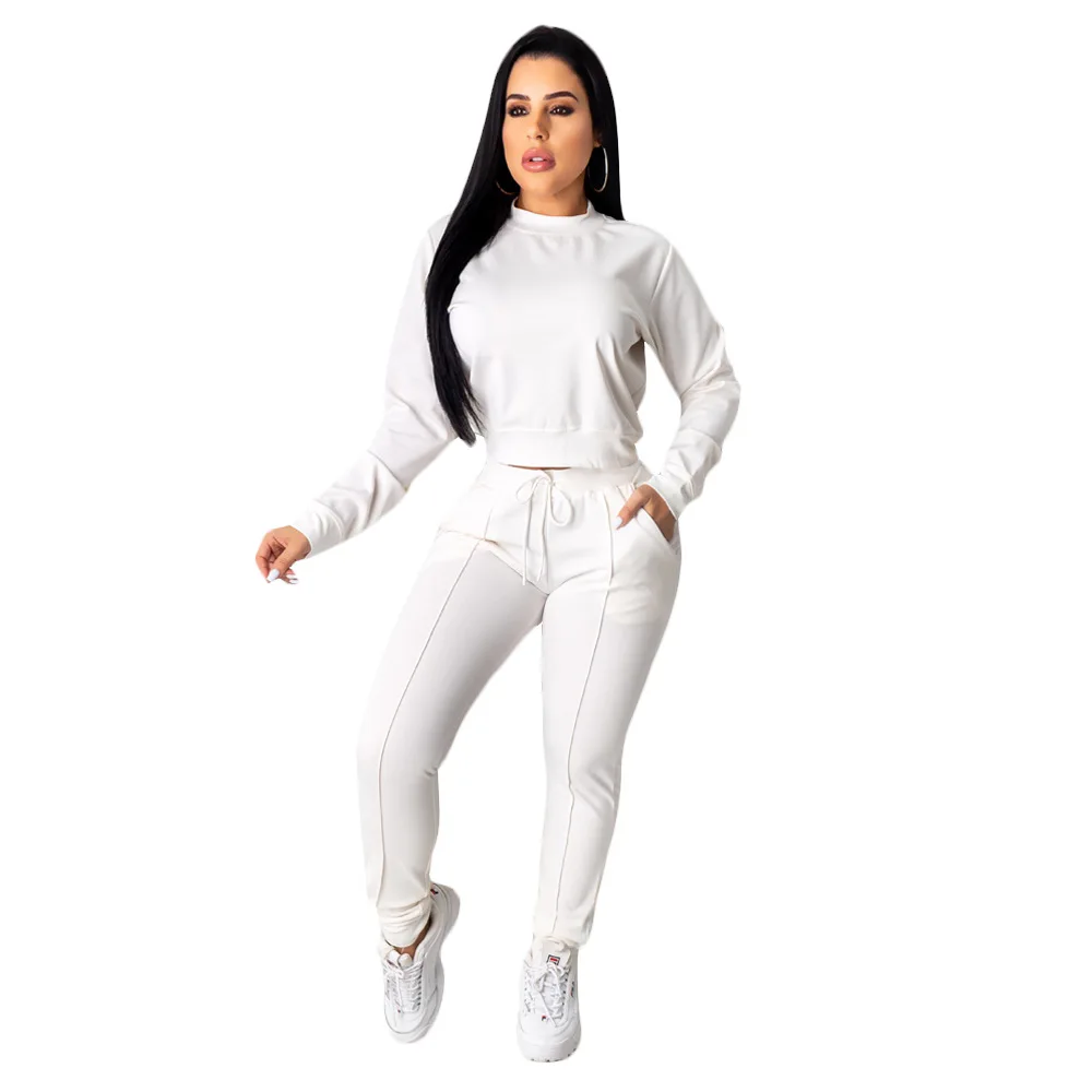 

Ladies Custom 2 Pieces Sweatsuits Solid Color Long Sleeve Sweat shirt and Pants Set, As picture