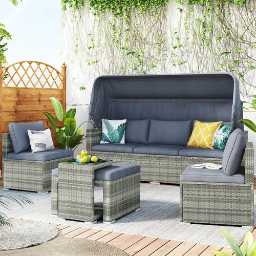 

Free Shipping Dropshipping 5 Pieces Outdoor Sectional Patio Rattan Sofa Set Rattan Daybed Conversation Furniture Set