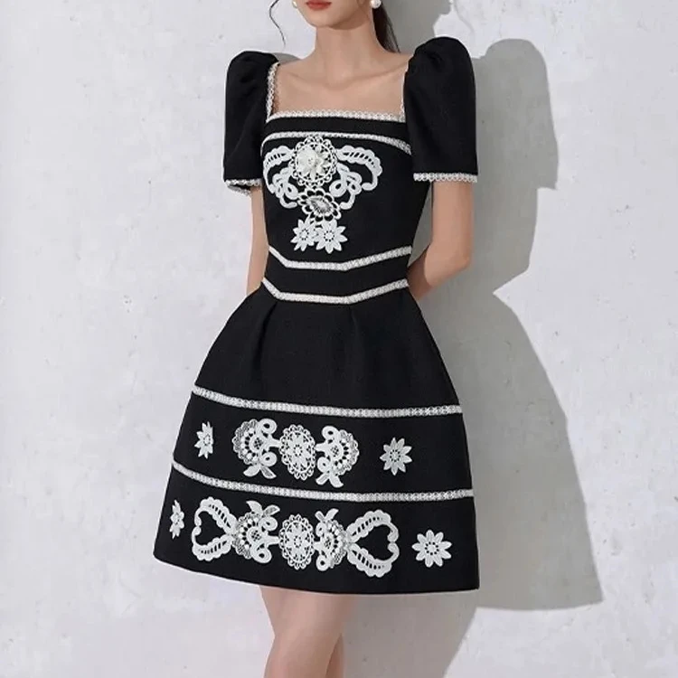 

Bettergirl French Vintage Square Neck Puffy Sleeve Dress Female Vietnamese Designer New Style Jacquard Embroidery Dress