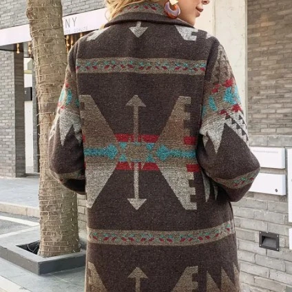 

Wholesale Fall Winter Vintage Tribal Geometric Printed Shacket Single Breasted Wool Aztec Coats For Women, 2 colors