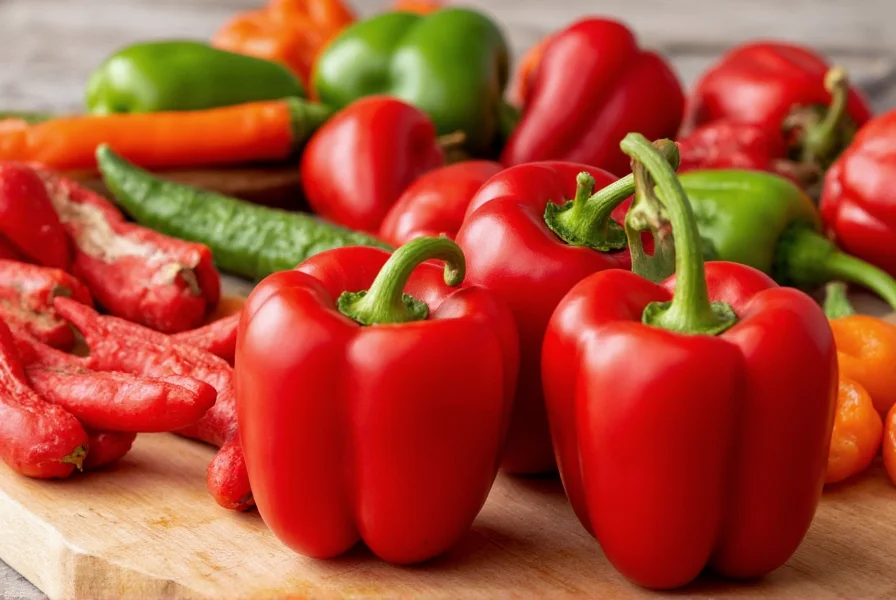 Close-up view of various red pepper varieties including bell peppers, cayenne, and jalapeños arranged on wooden cutting board