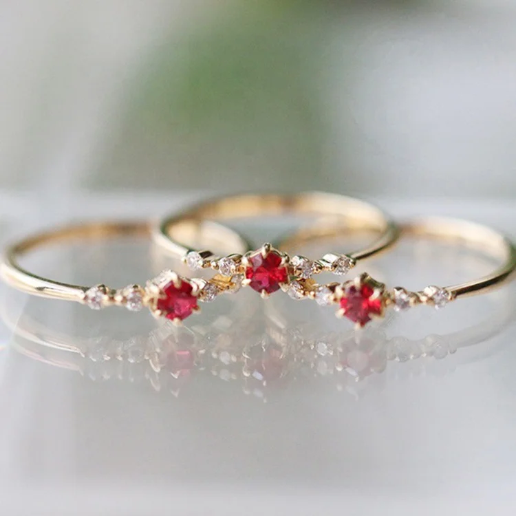 

Latest simple design woman's 18k gold plated ring elegant crystal ruby stone ring for girls, As picture,or customized