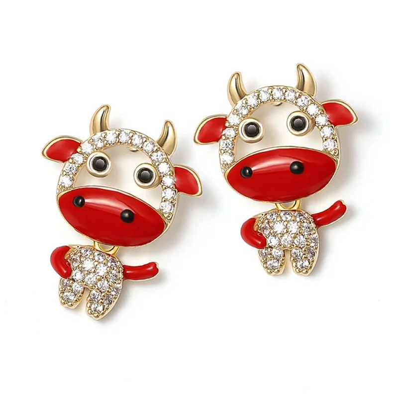 

2021 New Jewelry Earrings Rhinestone S925 Vintage Hot Sale Red Korean Style Cow Print Design Earrings