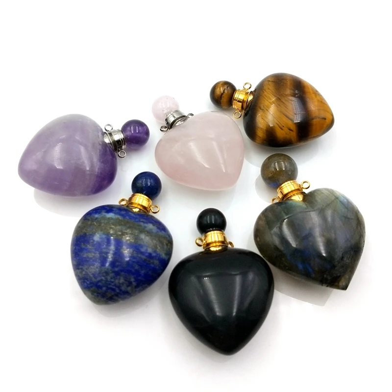 

Natural mini crystal heart love shape amethyst labradorite perfume opened bottle pendant necklace Essential Oil Diffuser, Multi