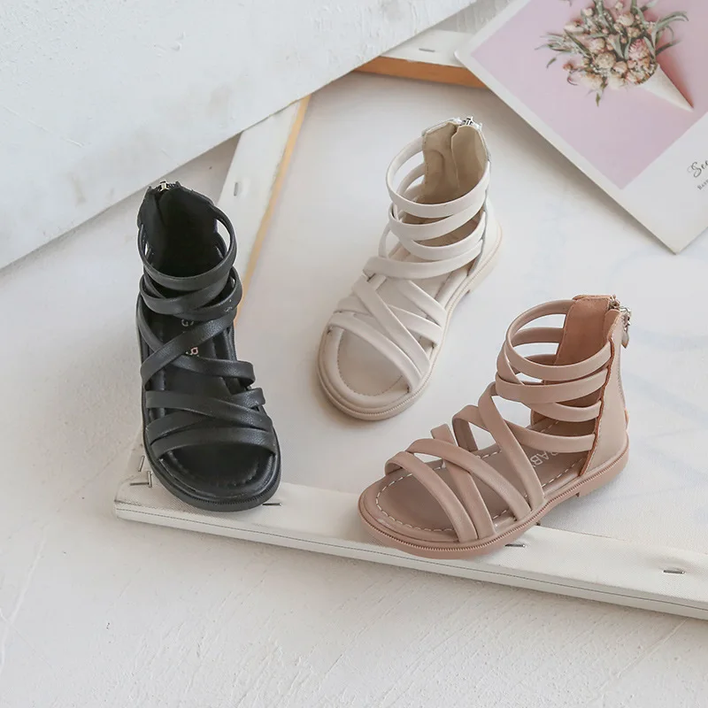 

Spring/Summer Soft Sole Roman Shoes Hollow Flat Muffin Back Zipper Girls Sandals