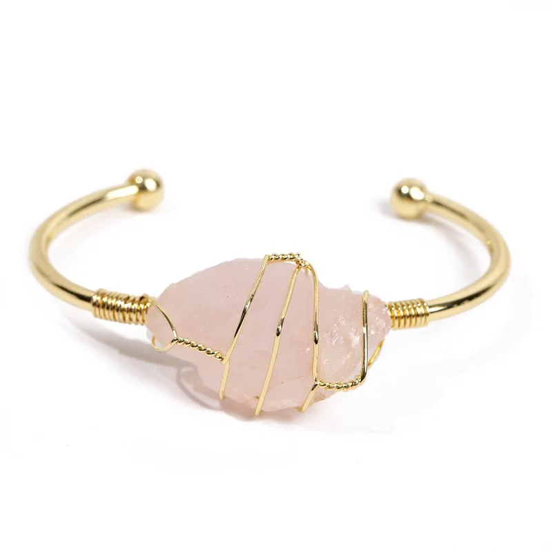 

custom make gemstone crystal bangle bracelet wholesale women gold natural raw gem stone rose quartz bangle, Natural color