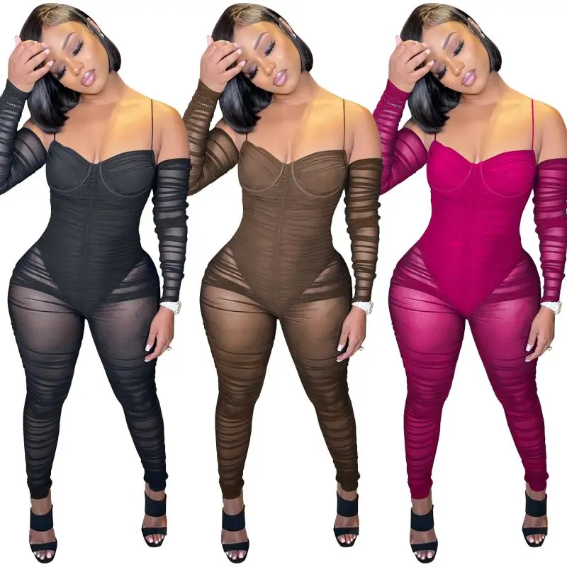 

fall 2021 women clothes Strapless ruched sheer mesh jumpsuits women sexy jumpsuit playsuits