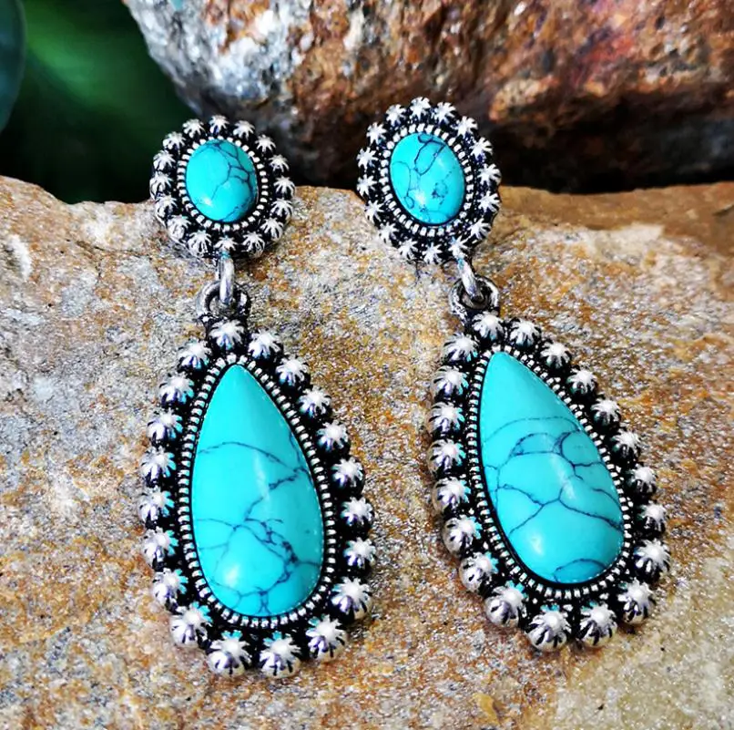 

Newly-plated 925 ancient silver turquoise earrings European American creative drop-shaped turquoise exaggerated earrings