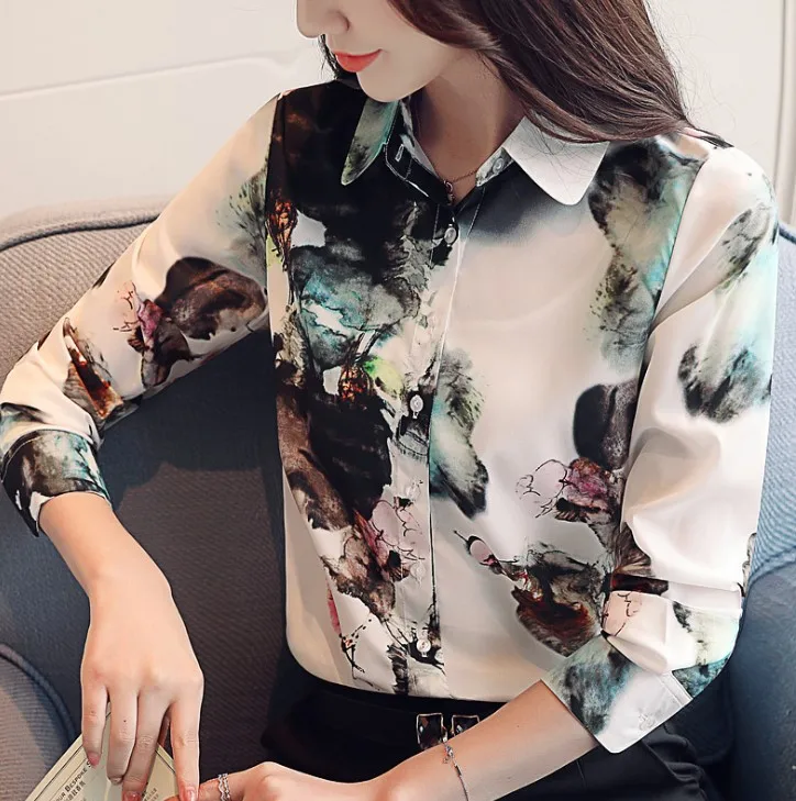 

hb10239a 2020 Floral chiffon lady blouse Ink lapel loose OL office tops, Picture