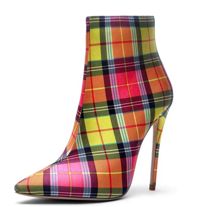 

on sale size 43 womens ankle boots plaid fabric stiletto 12cm high heels fashion short boots, Red blue