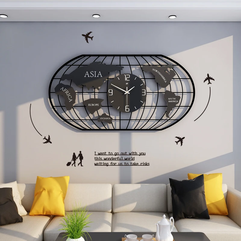 

modern wall clock JJT Popular Living Room Decoration For Home Office World Map Giant Industrial Wall Clock horloge murale 2