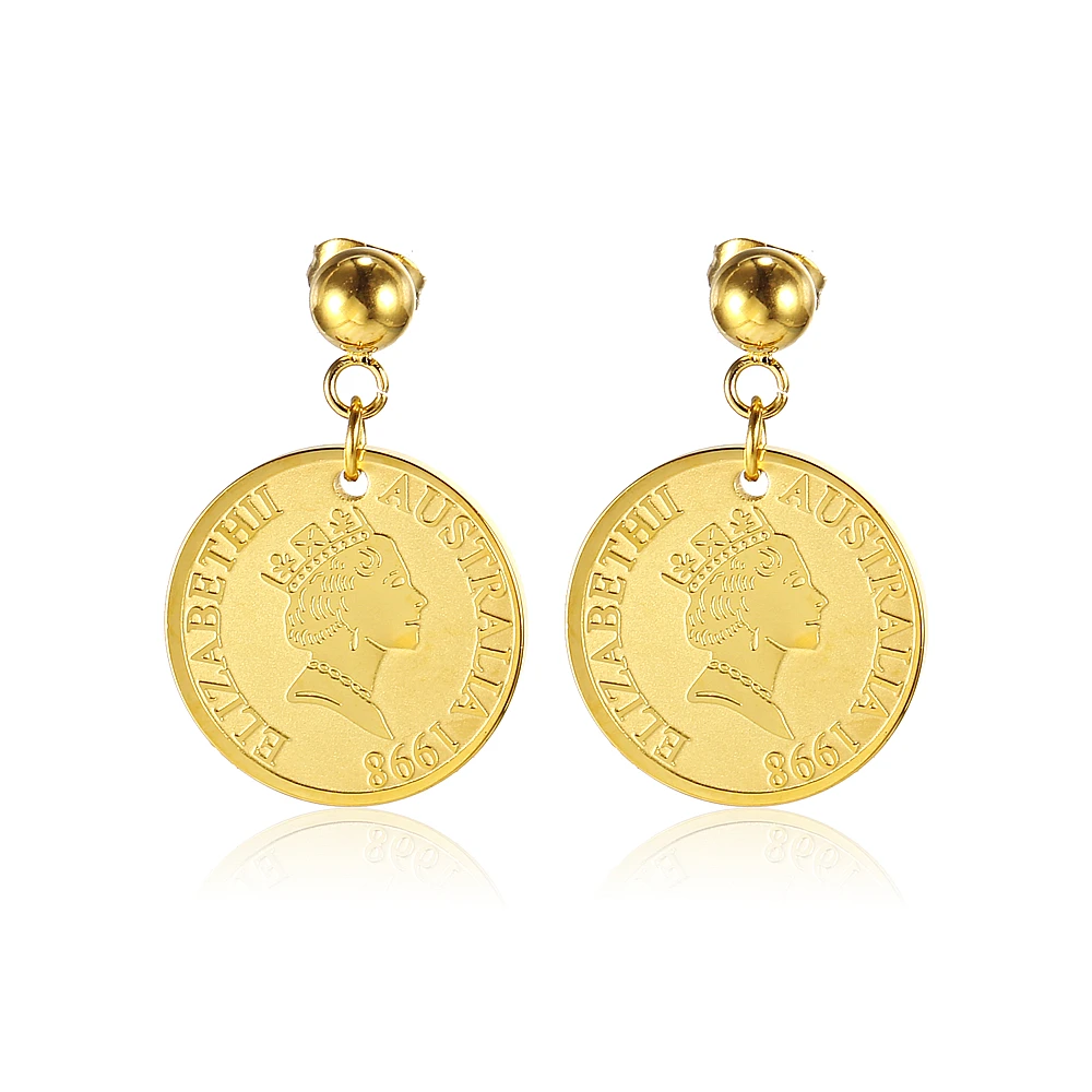 

Stainless Steel 18K Gold Plated Coin Portrait Elizabeth Round Card Pendant Earrings, Steel/gold/customized color