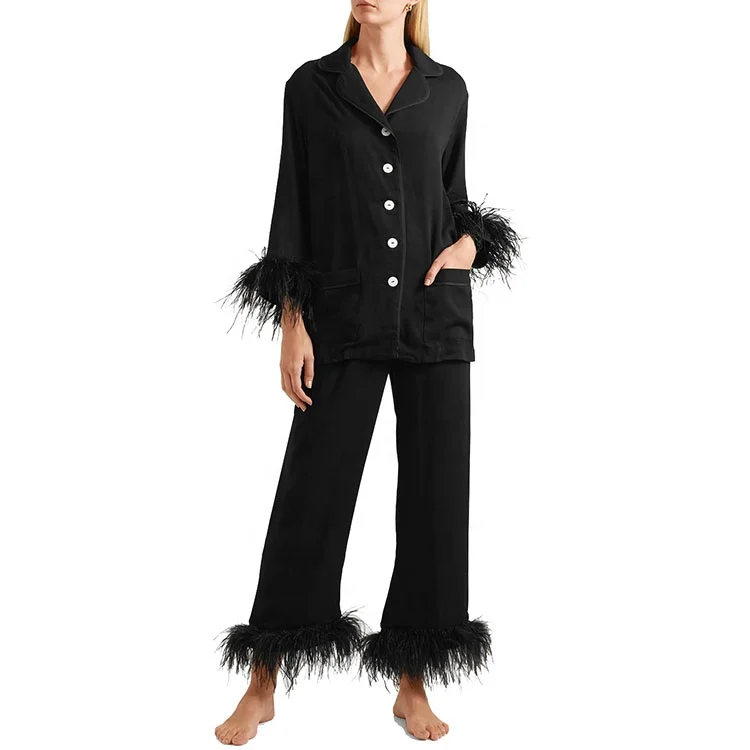 

Ready to ship Best-seller high quality fashion design removable ostrich feathers black Modal pajama sets for women, Customized color