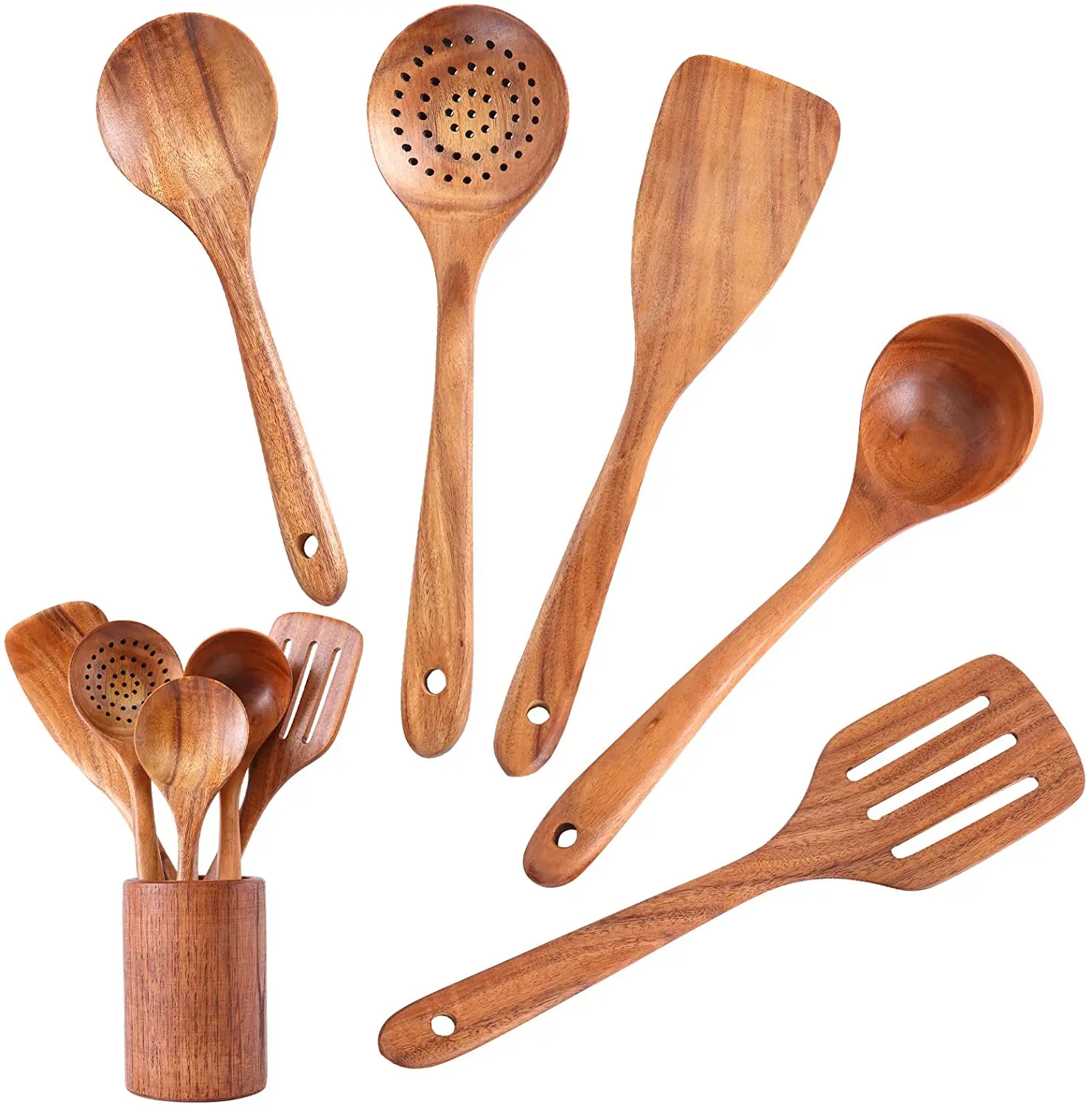 

6/ 8pcs Eco-Friendly Cookware Wooden Kitchen Utensil Set Natural Handmade Teak Wood Spatula Spoons Fork Cooking Utensils