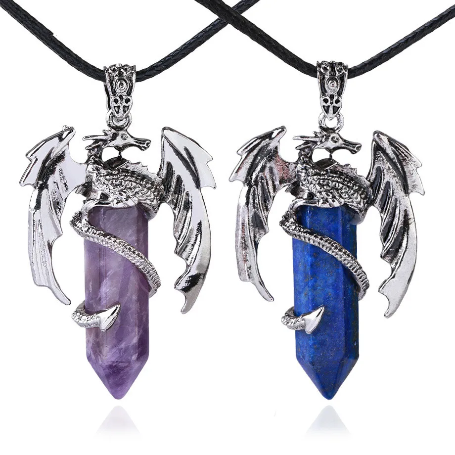 

wholesale natural stone hexagon prism dragon pendant necklace gemstone jewelry obsidian lapis lazuli animal pendant