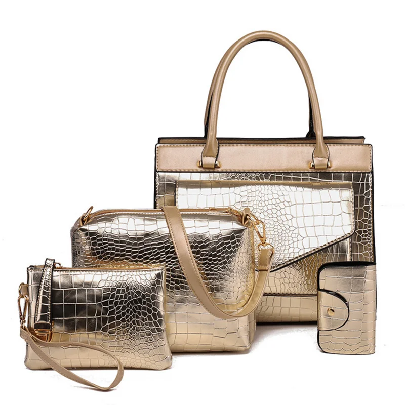

Fashion crocodile print ladies handbags set big women pu handbag sets 4pcs in a set, Red / navy / black / gold