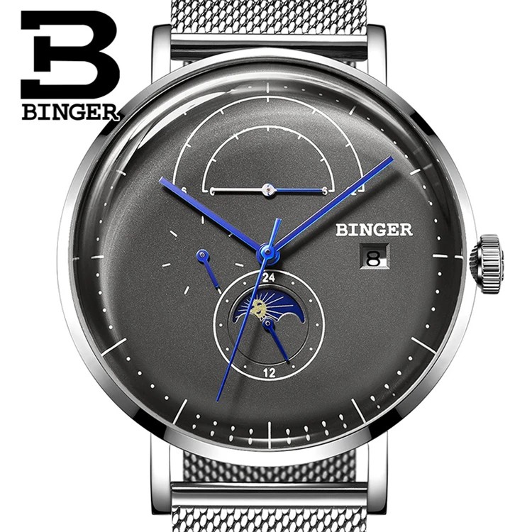 

BINGER 8610 Switzerland Mechanical Watch Men Luxury Brand Silver Case Sapphire Waterproof Mechanical Watch Mens Automatic Watch