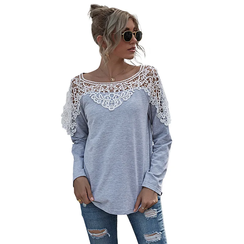 

2020 New arrivals Autumn winter Women contrast Color Hollow out Lace o-neck blouse for women Tops stitch tops