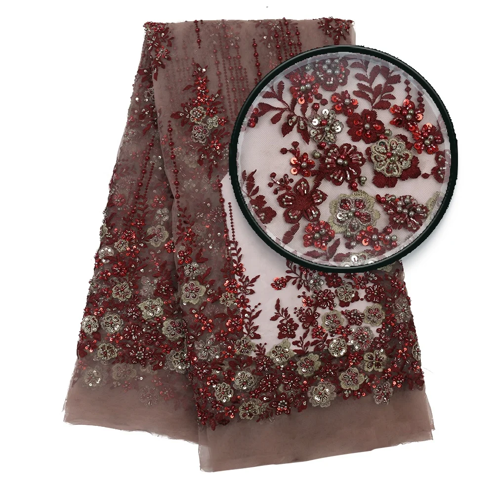 

Wholesale Luxury French Heavy Embroidered Embroidery Bead Tulle Heavy Hand Made Pearl 3d Beaded Lace Fabric for Wedding Dress
