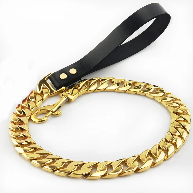

2022 wholesale high quality leather handle 316l stainless steel gold metal cuban chain designer dog collar leash, Silver,gold,black,rose gold