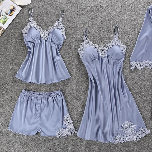 
Ladies Homewear 5-piece Sets Satin Nightgown Sleepwear Silk Pajamas Women 