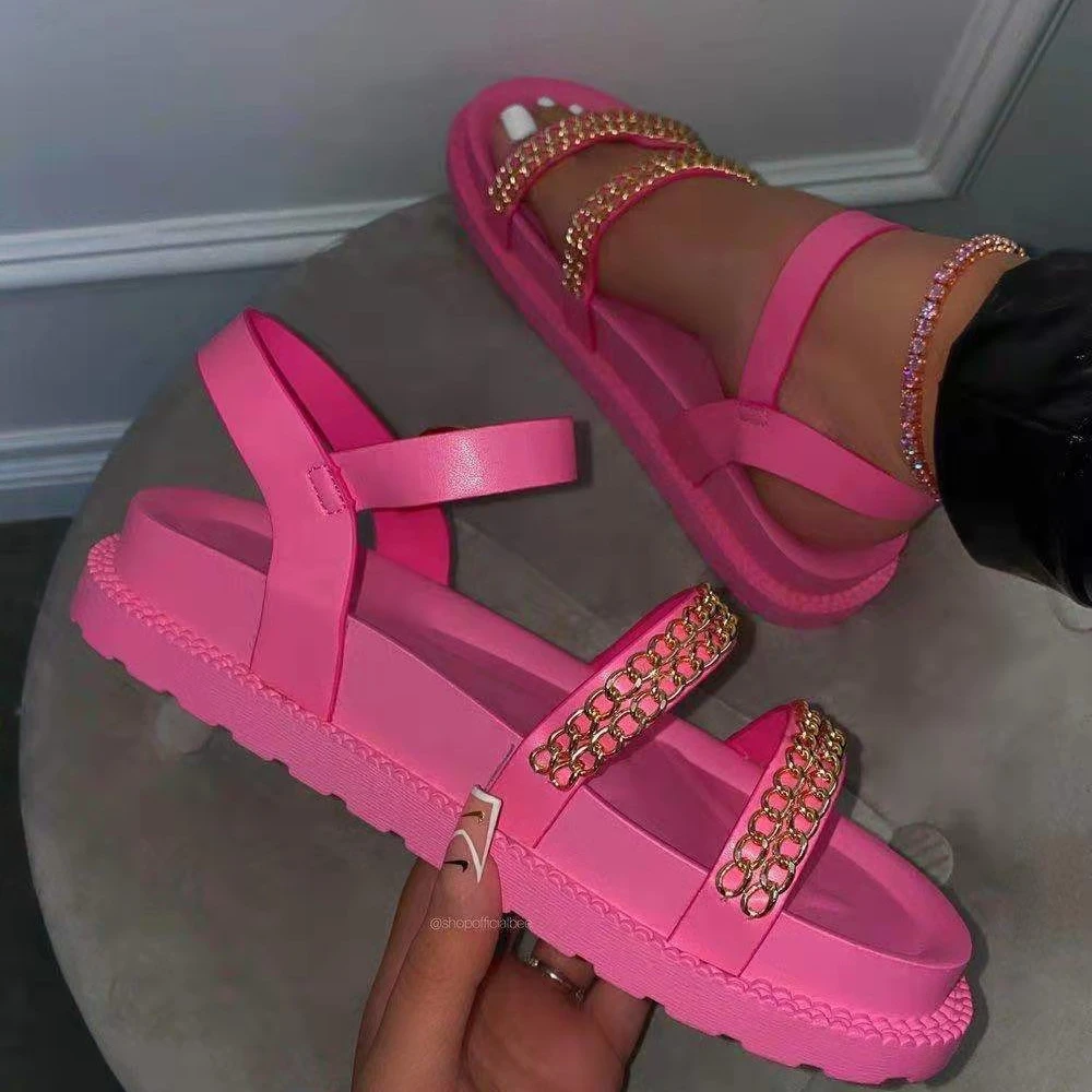 

New round toe soft beach platform woman sandals Roman sandal with metal chain for lady