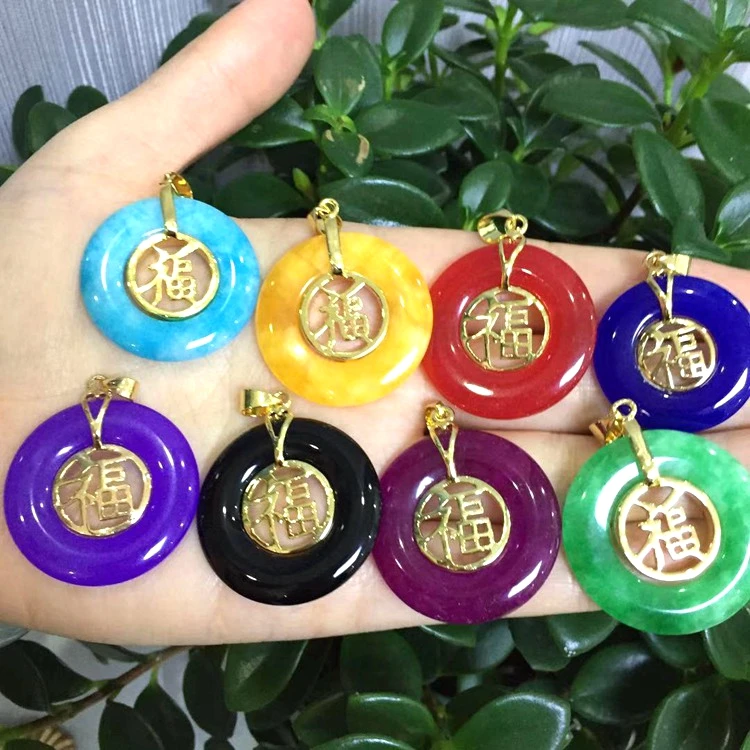 

Best Selling jade jewelry for women peace buckle pendant colorful jade round pendant peace sign charms jade necklace women charm