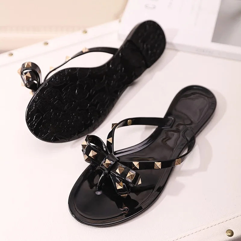 

Joghn summer new flat bottom willow nail bow flip flop women's jelly beach sandals fashion, Black