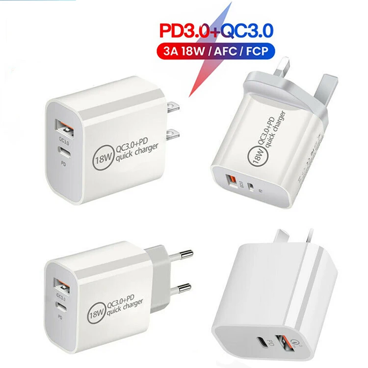 

18W 3A PD Type-C QC3.0 USB Fast Charger Mobile Phone US UK EU AU Plug Adapter For iPhone 12 Samsung Oneplus HTC Xiaomi USB C, White