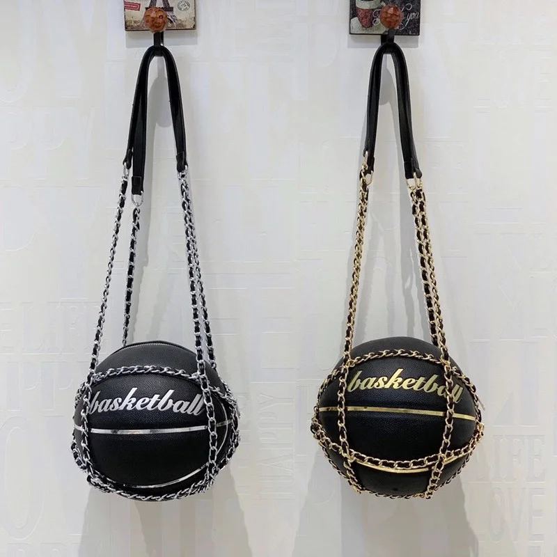 

2021 graffiti black pink Basketball Shape Purses chain Women PU Leather chain Shoulder Round Crossbody Purse in Handbags Bag