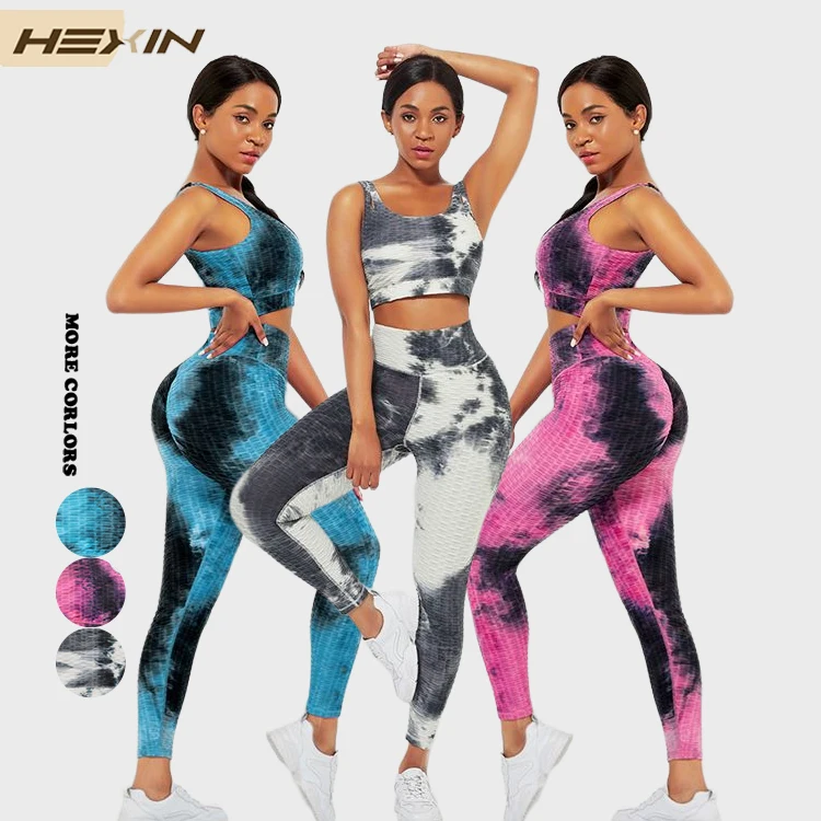 

HEXIN Dropshipping 2 Piece Workout Set with Pocket Tie-Dye High Waist Leggings Women Sportswear gym Yoga fitness Sets, As show