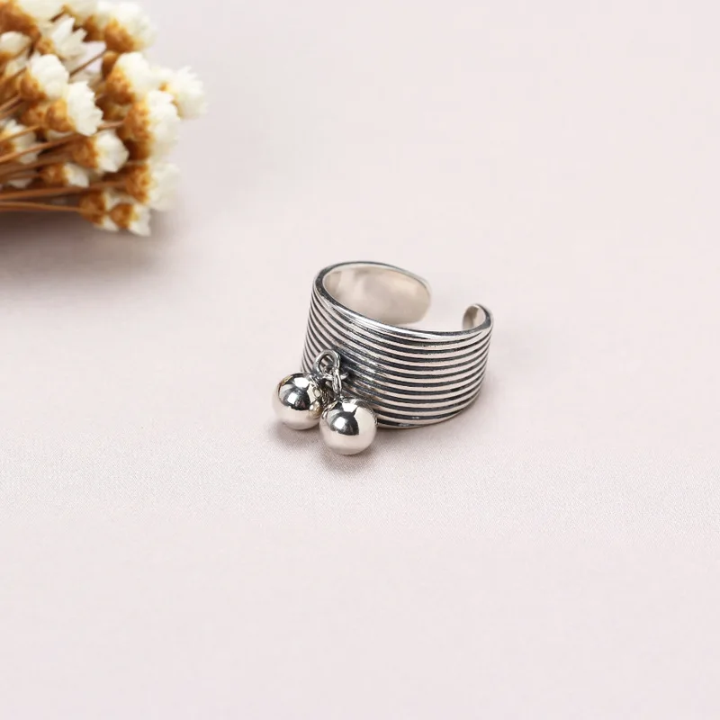 

Vintage Geometric 925 Sterling Silver Wide Layer Charm Beads Rings Jewelry