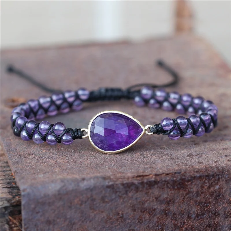 

Handmade Amethyst Teardrop Charm Natural Stone Beads Braided Macrame Bracelet Adjustable Friendship Wrap Bracelet Women Jewelry