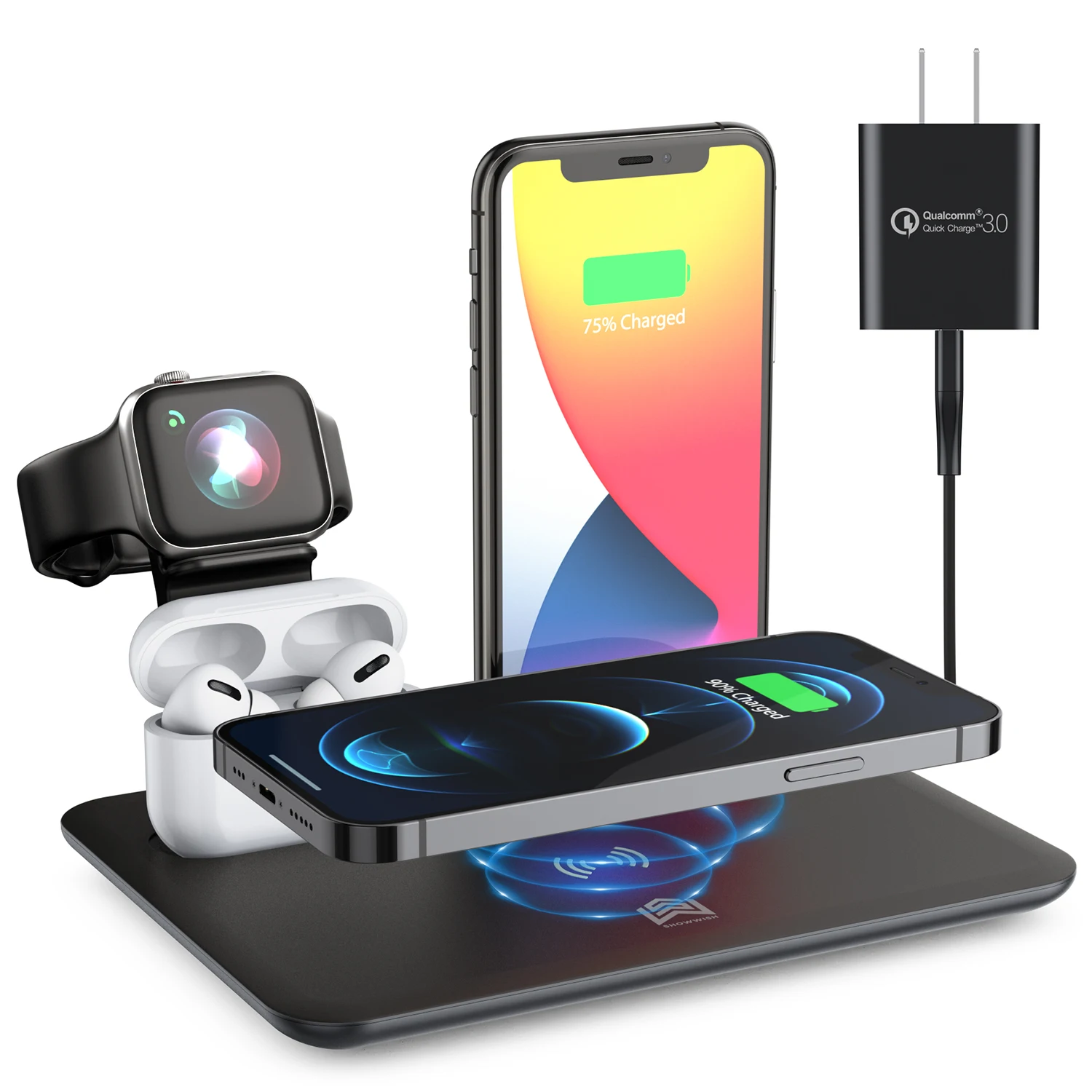 

GreatRoc quick charge 15w 4 in 1 wireless charger station qi fast wireless charger station 3 in1 wireless charger, Black