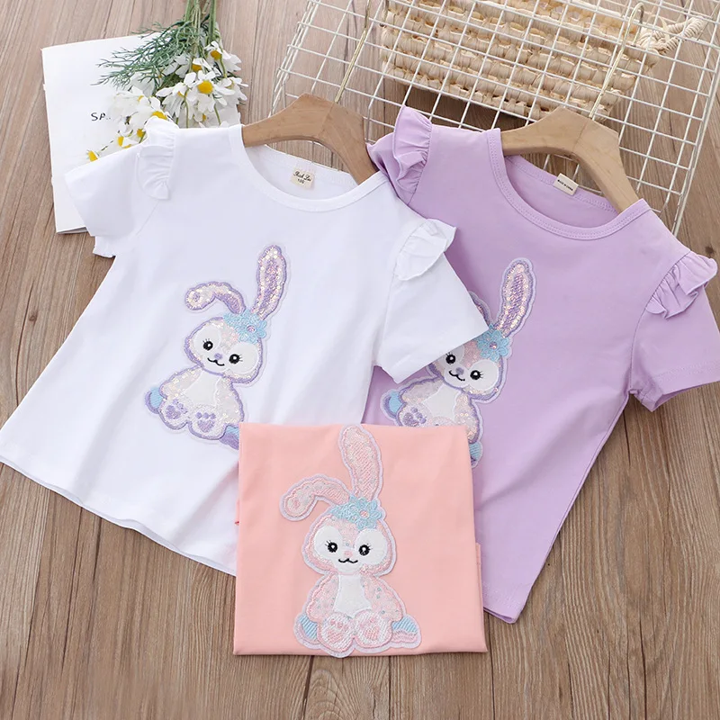 

KD-309 2022 New Super cute kids girls Summer clothes short sleeve tops shirts cartoon sequined rabbit print cotton T-shirt, Multicolor as picture show