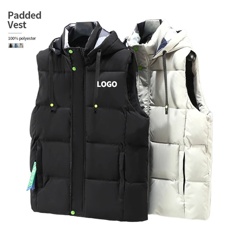Removable Hood Thick Puff Cotton Filling Polyester Fabric Drawstring Streetwear Sleeveless Jacket Padded Puffer Vest