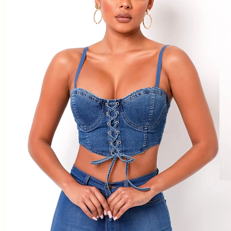 

Sexy Casual Summer Women Removable Straps Lace Up Chest Pad Denim Crop Top Camisole Womens Tube Top