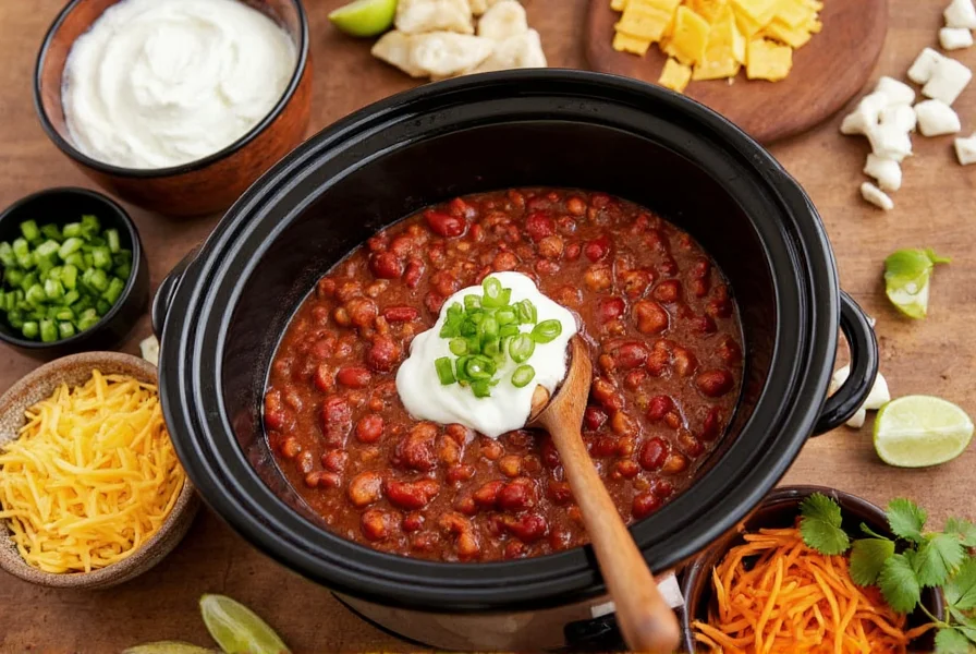Slow cooker filled with rich red chili, steam rising, surrounded by fresh toppings like sour cream, shredded cheese, and chopped green onions