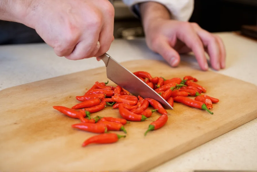 Chef's hands preparing small red chili peppers with knife on cutting board
