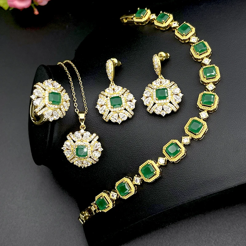 

kaidimei fashion inlayed stone flower shape 18K gold unique designs wedding women jewelry display set, Gold color