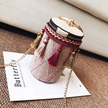 

Tassels woven straw bag bohemian style chain national style shoulder bucket bag